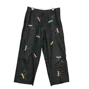Jillian Jones Y2K Black Linen Dragonfly Embroidered Wide Leg Crop Pants Size 12